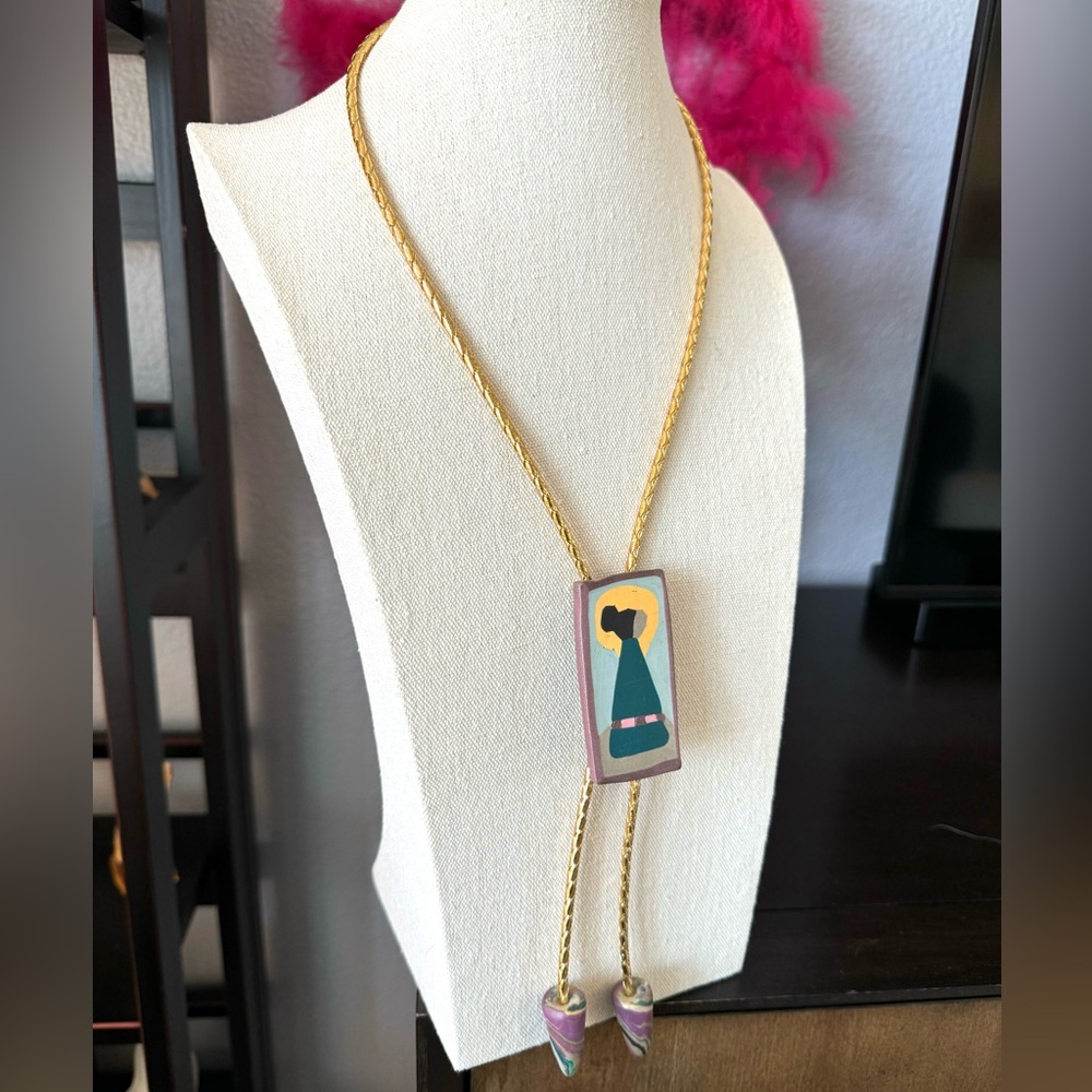 Vintage Artisan Painted Clay Bolo Tie Necklace - Picture 3 of 9